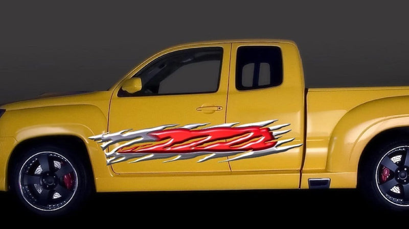 red 3d vinyl flames decal on yellow truck